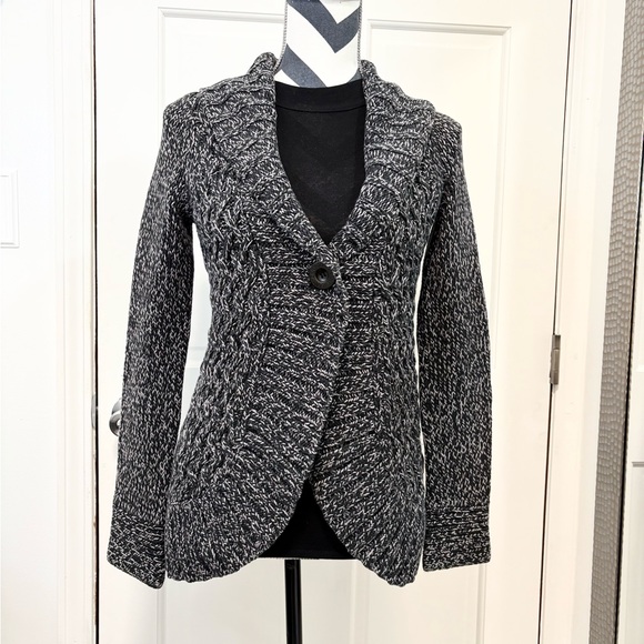DKNY Jeans Women’s Chunky Knit Cardigan Sweater Gray Marled Shawl Collar Belted - Picture 1 of 14
